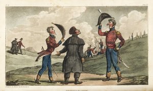 O Alferes Johnny Newcome foi apresentado ao Coronel do seu regimento antes da Batalha de Salamanca. Gravura em chapa de cobre colorida à mão desenhada e gravada por Thomas Rowlandson do Coronel David Roberts