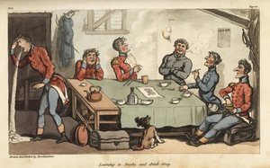 Alferes Johnny Newcome aprendendo a fumar charutos e a beber grogue com outros oficiais. A fumar demais e a vomitar à mesa. Gravura em chapa de cobre colorida à mão desenhada e gravada por Thomas Rowlandson do Coronel David Roberts