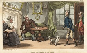 O alferes Johnny Newcome volta para casa, na Inglaterra, de licença médica da Campanha da Península. Gravura em chapa de cobre colorida à mão desenhada e gravada por Thomas Rowlandson do Coronel David Roberts