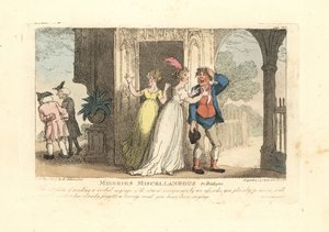 Mulher da moda a enviar uma mensagem verbal através de um tolo de Thomas Rowlandson