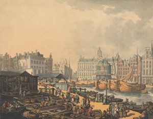 Barragem de Feyge, com parte do Mercado do Peixe em Amesterdão, 1797. de Thomas Rowlandson