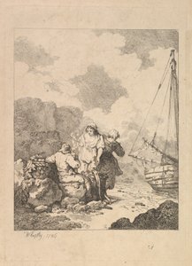Pescadores à beira - cena costeira com um homem sentado nas rochas e fumando um cachimbo, Nex..., 1786. de Thomas Rowlandson