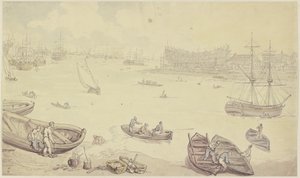Rio com muitos navios e um estaleiro de Thomas Rowlandson