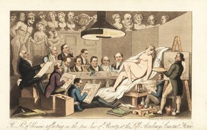 Artistas georgianos como Benjamin West, Thomas Lawrence, Benjamin Haydon, Joseph Farrington, Richard Westall e Martin Archer Shee desenham um modelo nu, enquanto os bustos clássicos olham para baixo. Royal Academicians of Genius refletindo sobre a verdadei de Thomas Rowlandson