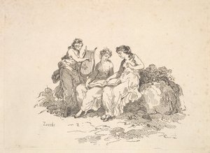 Harmonia - duas ninfas cantando, outra tocando uma lira, 1784-88. de Thomas Rowlandson
