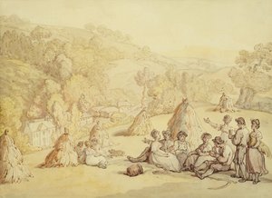 Colheitadeiras descansando em um campo de milho, c.1805-10 (caneta e tinta com lavagem no papel) de Thomas Rowlandson