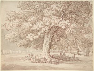 Manada de veados debaixo de um carvalho de Thomas Rowlandson
