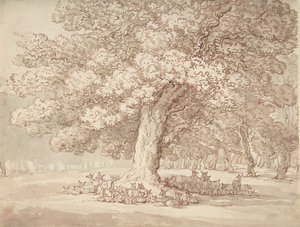 Rebanho de veados sob um carvalho, 1775-1827. de Thomas Rowlandson