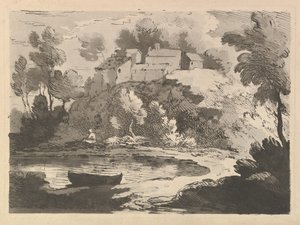 Paisagem montanhosa do rio, um barco na água no primeiro plano à esquerda, uma figura na margem mais distante ..., 1783-84. de Thomas Rowlandson