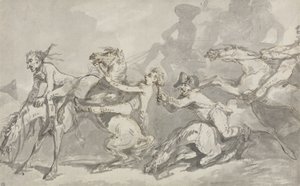Horsemen Colliding, c.1785-90 (caneta e tinta com lavagem marrom no papel) de Thomas Rowlandson