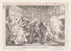 Hostess descarrega uma panela de sangue no rosto de Parson Andrews, de The Adventures of..., 1792. de Thomas Rowlandson