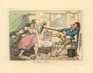 O marido a segurar a sua esposa zangada com esfregona. de Thomas Rowlandson
