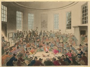 Ilustração retratando uma multidão assistindo a uma briga de galo de Thomas Rowlandson