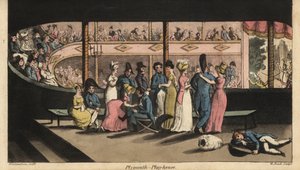 Johnny e outros aspirantes à meia-nau em terra esperam uma peça no Plymouth Playhouse. Gravura em chapa de cobre colorida à mão por W. Leia depois de uma ilustração de Thomas Rowlandson de The Adventures of Johnny Newcombe, de Alfred Burton na Marinha, Sim de Thomas Rowlandson