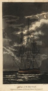 O Johnny a dormir na cabeça do mastro. Dois marinheiros sobem ao mastro para o acordar. Gravura em chapa de cobre colorida à mão por W. Leia depois de uma ilustração de Thomas Rowlandson de The Adventures of Johnny Newcombe, de Alfred Burton na Marinha, Si de Thomas Rowlandson