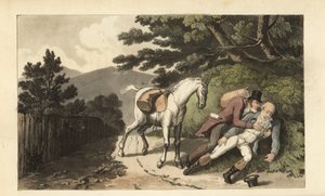 Johnny a ajudar um viajante que foi atirado do seu cavalo. Gravura em chapa de cobre colorida à mão por Thomas Rowlandson de The History of Johnny Quae Genus de William Combe, o Pequeno Fundador da falecida Sintaxe do Doutor. de Thomas Rowlandson