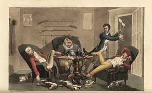 Johnny numa final desportiva: Johnny com candelabros deixa três caçadores bêbados a dormir numa sala de jantar com garrafas de vinho vazias e cães de caça adormecidos. Gravura em chapa de cobre colorida à mão por Thomas Rowlandson de The History of Johnny  de Thomas Rowlandson