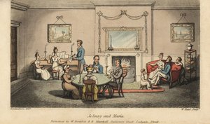 Johnny cortejando Maria numa sala de estar enquanto outros jogam cartas e cantam canções em frente ao coração. Gravura em chapa de cobre colorida à mão por W. Leia depois de uma ilustração de Thomas Rowlandson de As Aventuras de Johnny Newcombe na Marinha, de Thomas Rowlandson
