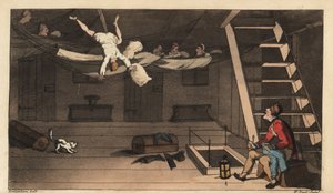 Johnny cai da sua rede na sua cabana. Gravura em chapa de cobre colorida à mão por W. Leia depois de uma ilustração de Thomas Rowlandson de The Adventures of Johnny Newcombe de Alfred Burton na Marinha, Simpkin, Londres de Thomas Rowlandson