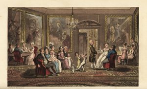 O Johnny dá uma grande festa. Evento social em uma grande mansão, com convidados jogando cartas, cantando canções, conversando, dançando e socializando. Gravura em chapa de cobre colorida à mão por Thomas Rowlandson de The History of Johnny Quae Genus de W de Thomas Rowlandson