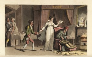 Johnny ao serviço do avarento John Squeeze e da sua sobrinha prudente Amelia Squeeze. Johnny traz um copo de remédio para o velho moribundo. Gravura em chapa de cobre colorida à mão por Thomas Rowlandson de The History of Johnny Quae Genus de William Combe de Thomas Rowlandson