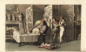 Johnny a levar à empregada Molly um copo de vinho no salão enquanto Sir Jeffery Gourmand dorme na mesa de jantar. Quase apanhado por outro criado à porta. Gravura em chapa de cobre colorida à mão por Thomas Rowlandson de The History of John, de William Com de Thomas Rowlandson