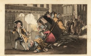 Johnny atirado de uma cadeira de sedan quando os carregadores se atiram sobre uma pilha de pedras na rua. Chegam os guardas noturnos com lanternas e guizos. Gravura em chapa de cobre colorida à mão por Thomas Rowlandson de The History of Johnny Quae Genus  de Thomas Rowlandson