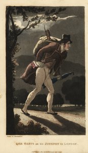 Johnny a andar na estrada iluminada pela lua para Londres. Ele tem uma mochila com violino, um livro no bolso do casaco, e carrega um guarda-chuva. Gravura em chapa de cobre colorida à mão por Thomas Rowlandson de The History of Johnny Quae Genus, o Pequen de Thomas Rowlandson