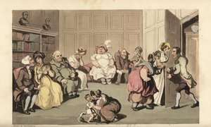 Johnny com outros pacientes na sala de espera do médico curandeiro Anodyne. Gravura em chapa de cobre colorida à mão por Thomas Rowlandson de The History of Johnny Quae Genus de William Combe, o Pequeno Fundador da falecida Sintaxe do Doutor. de Thomas Rowlandson