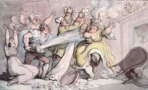 Senhora com a sua peruca em fogo (caneta, tinta e aguarela em papel) de Thomas Rowlandson