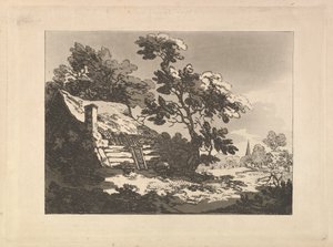Paisagem com uma cabana entre as árvores à esquerda e a torre de uma igreja ao longe à direita de Thomas Rowlandson