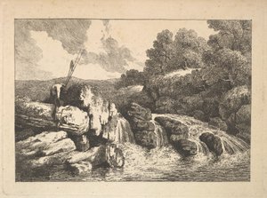 Paisagem com dois pescadores que escalam rochas ao lado de uma cachoeira, 1784-88. de Thomas Rowlandson