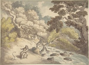 Paisagem com um ribeiro caudaloso e um casal na margem, assustado por uma cobra de Thomas Rowlandson