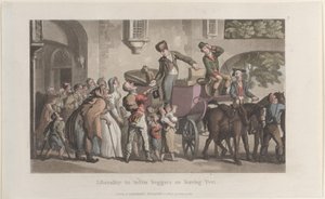 Liberalidade para enfermos mendigos ao deixar Yrvi, do Journal of Sentimental Travels in the ..., 1821. de Thomas Rowlandson