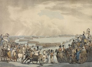 Voluntários do Cavalo Leve de Londres e Westminster, comandados pelo coronel Herries, revisado por Sua Majestade em Wimbledon Common, 5 de julho de 1798 (aquatinta colorida) de Thomas Rowlandson