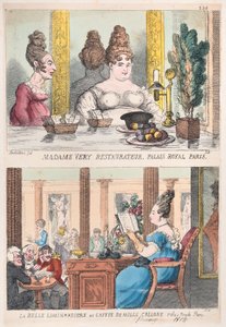 Madame Very Restauranteur, Palais Royal Paris e La Belle Liminaudiere no Caffee De Mille..., 1814. de Thomas Rowlandson