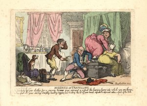 Homem e duas mulheres a não fecharem um baú cheio. de Thomas Rowlandson