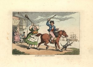 Homem a bater num cavalo teimoso com um cacete, enquanto o dono Wido de Thomas Rowlandson