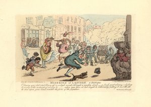 Um homem a perseguir o seu chapéu por uma rua lamacenta com um vento forte. de Thomas Rowlandson