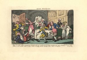 Homem a cair de uma cadeira partida num jantar. de Thomas Rowlandson