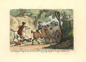 Homem a cavalo atrás de uma carroça de marcha lenta numa faixa estreita. de Thomas Rowlandson