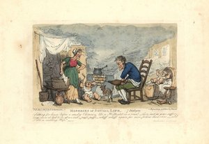 Homem a usar foles em frente a uma fogueira numa sala de fumo. de Thomas Rowlandson