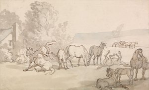 Éguas e potros num campo de Thomas Rowlandson