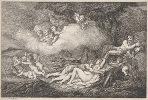 Marte e Vênus adormecido com Putti, 1799., 1799. de Thomas Rowlandson