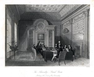 Reunião dos Lordes do Almirantado na Sala do Conselho, Almirantado. Gravura em aço de Henry Melville depois de uma ilustração de Thomas Rowlandson de Londres Interiores, Seus trajes e Cerimônias, Joshua Mead, Londres de Thomas Rowlandson