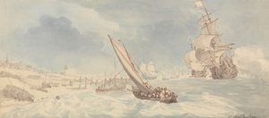 Navios de guerra e barcos à vela junto à costa de Thomas Rowlandson