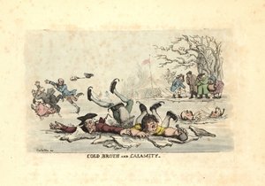 Homens e mulheres patinando em gelo fino e caindo em um ri gelado de Thomas Rowlandson