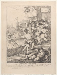As misérias de Londres: Ao entrar em qualquer uma das pontes de Londres ou em qualquer uma das passagens que conduzem ao Tamisa, ser assaltado por um grupo de barqueiros que levantam as mãos e gritam: «Remos! Remos! Remos! Remos!» de Thomas Rowlandson
