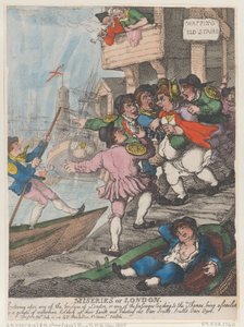 As misérias de Londres: Ao entrar em qualquer uma das pontes de Londres ou em qualquer uma das passagens que conduzem ao Tamisa, ser assaltado por um grupo de barqueiros que levantam os braços e gritam: «Remos! Remos! Remos! Remos!» de Thomas Rowlandson