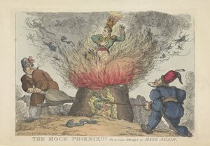 Napoleão als valse fenix, 1813 A Fênix Falsa!!! Ou uma vã tentativa de ascensão novamente (título no objeto) de Thomas Rowlandson
